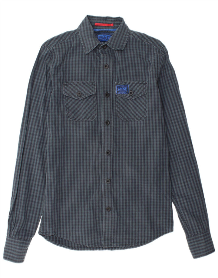 SUPERDRY Camisa de hombre pequeña de algodón a cuadros azul marino