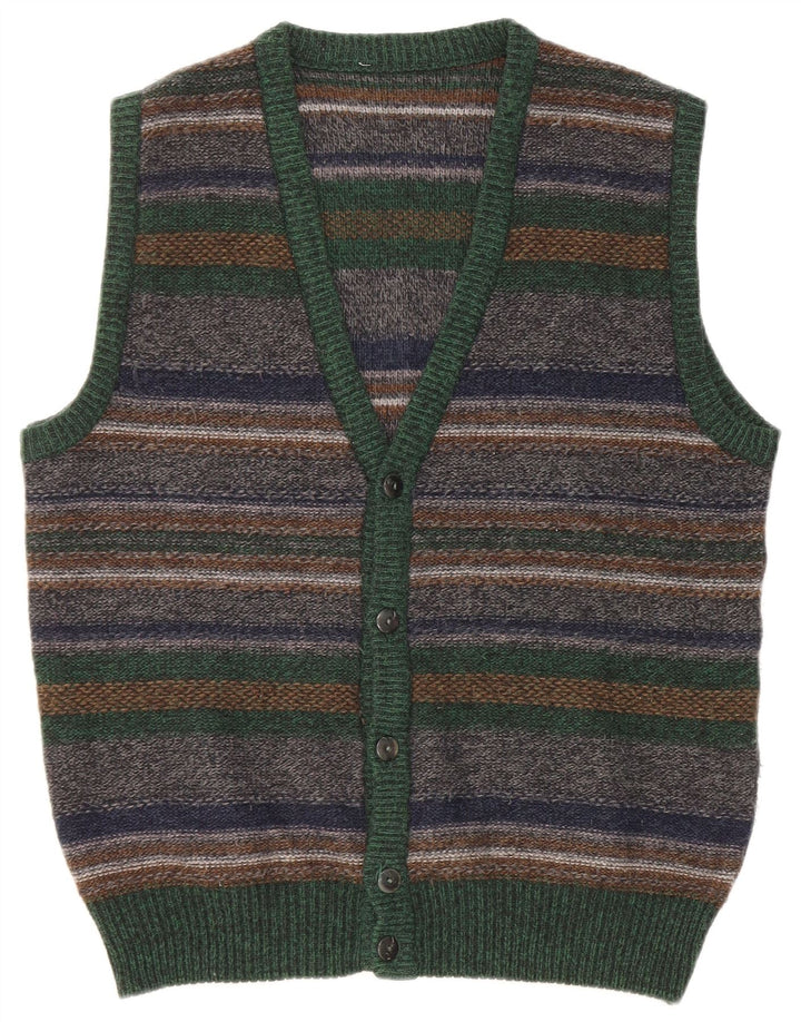 Vintage hombres sin mangas Cardigan suéter medio multicolor lana a rayas