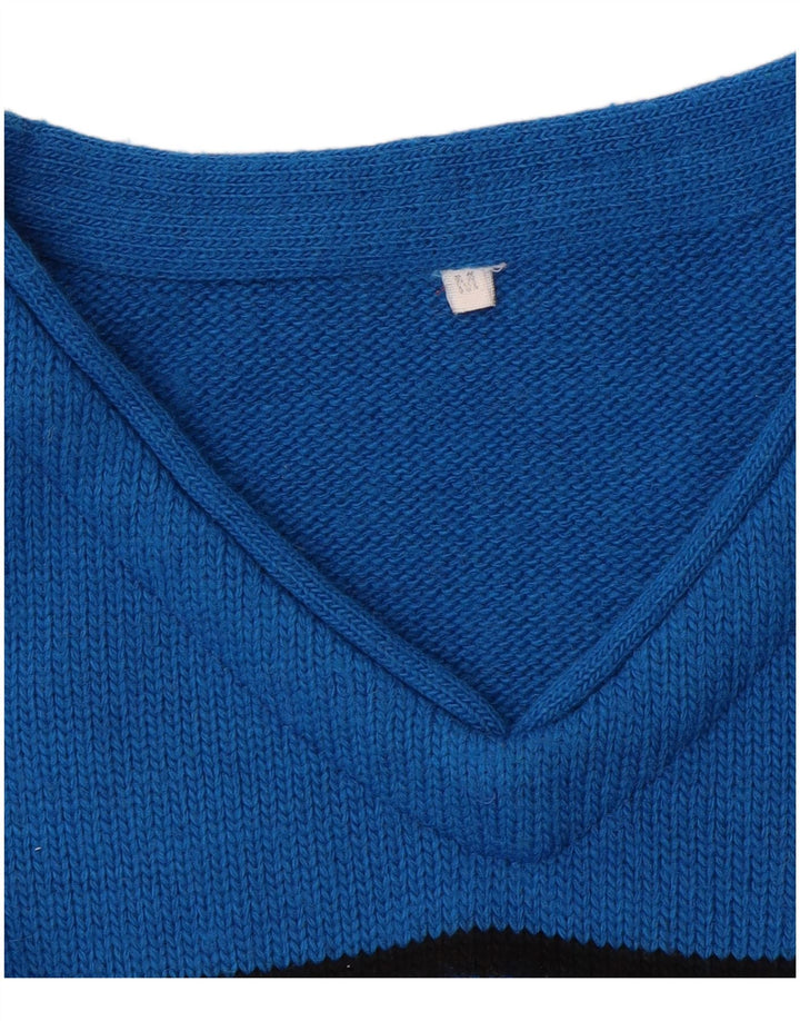 Vintage hombres V-cuello jumper suéter medio azul colorblock