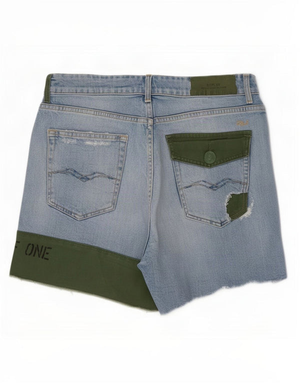Replay Womens Distressed Graphic Denim Shorts Small W27 Blue Colourblock