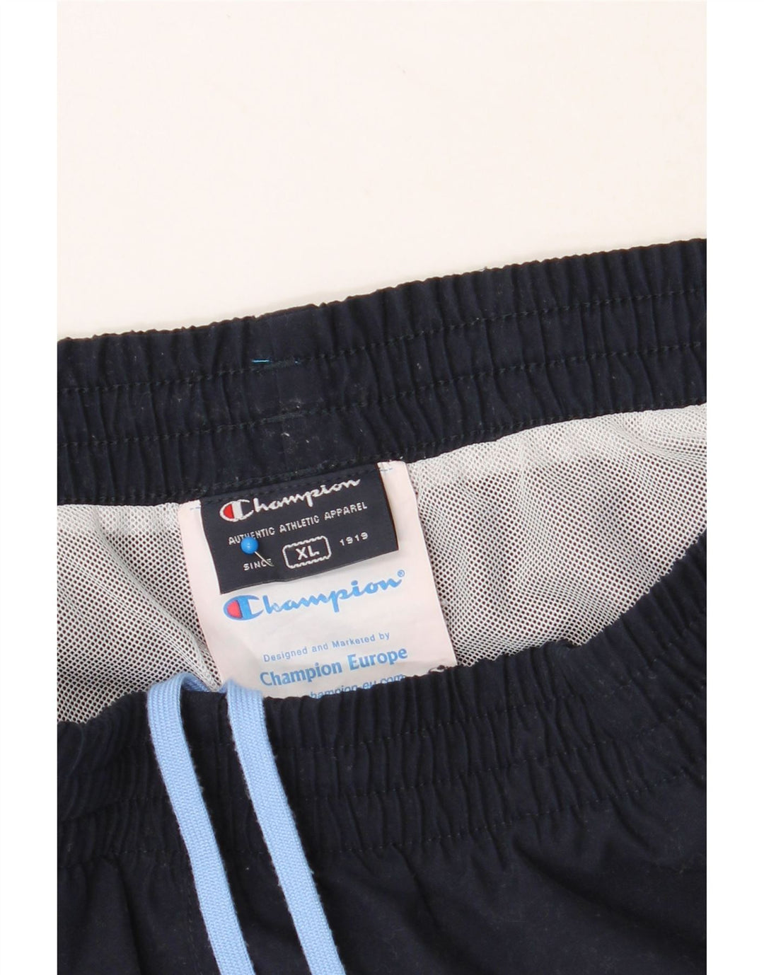 CHAMPION Mens Graphic Sport Shorts XL  Navy Blue Colourblock Polyester Vintage Champion and Second-Hand Champion from Messina Hembry 