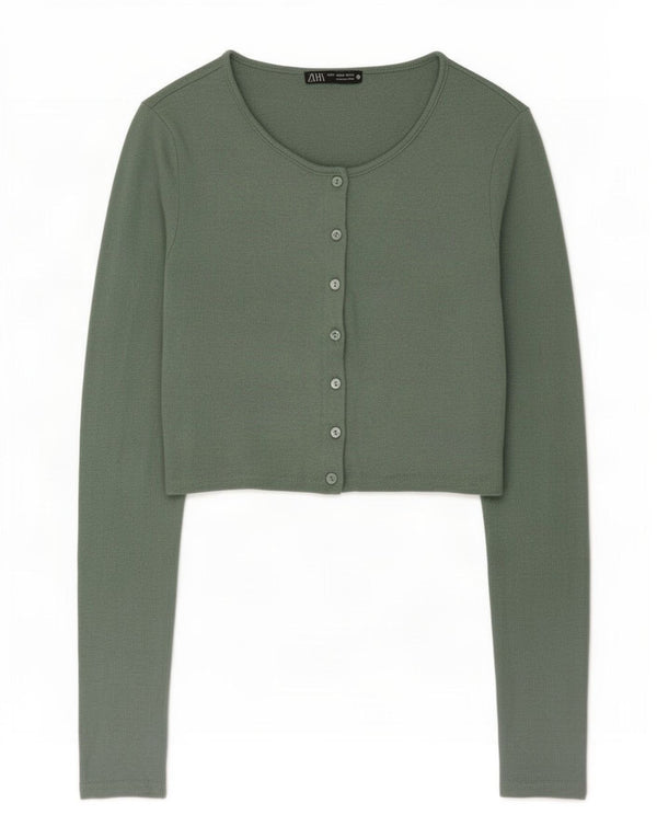 Zara Womens Crop Cardigan Sweater UK 12 Medium Green