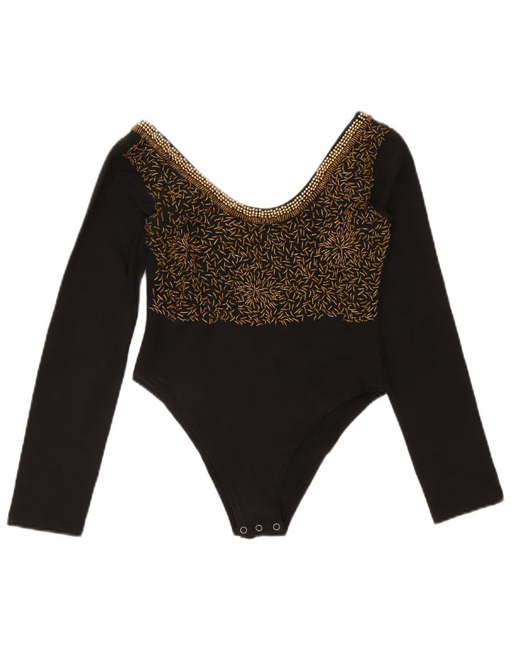 Vintage mujer manga larga body UK 12 algodón negro medio