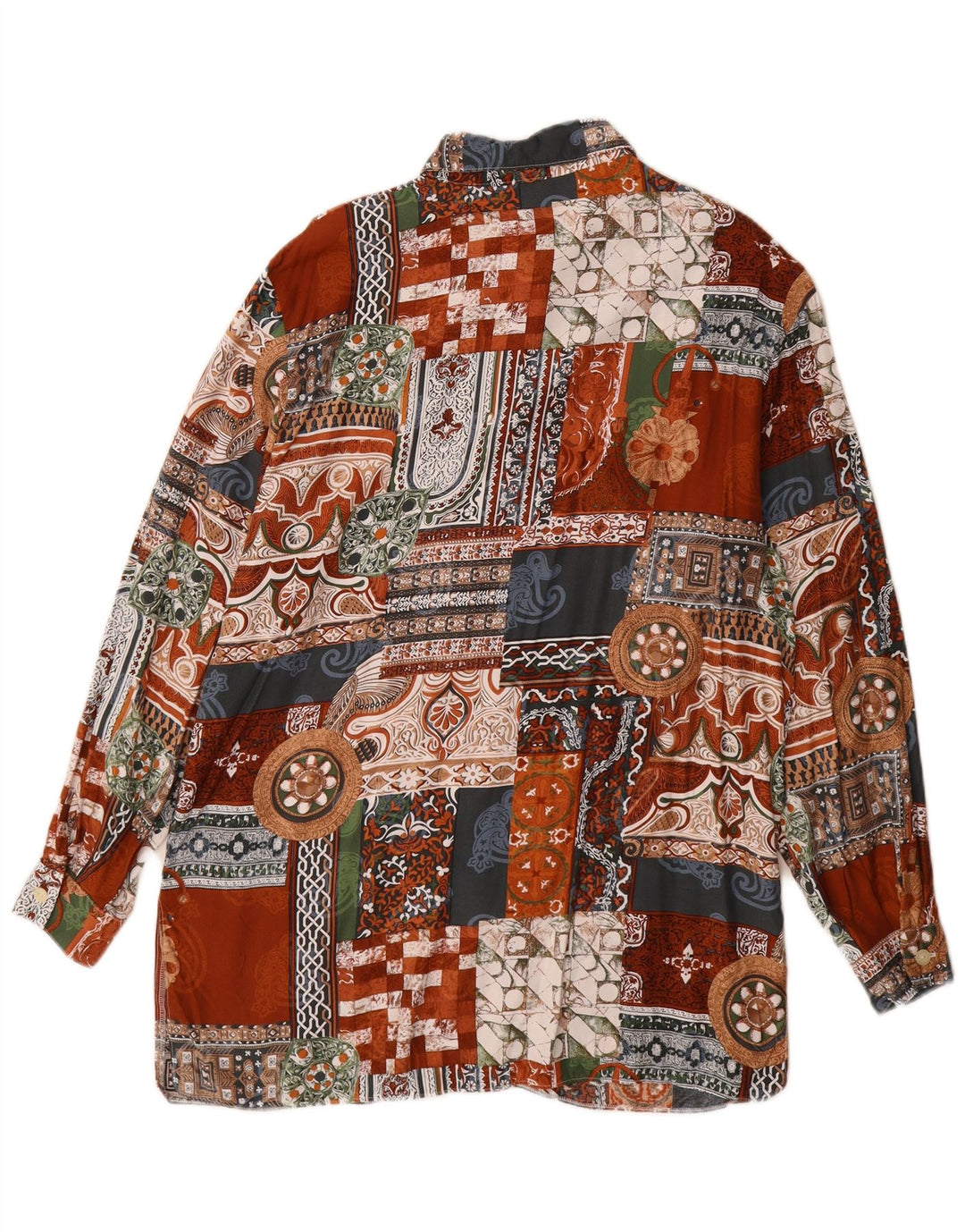 Vintage mujer camisa larga Reino Unido 14 gran patchwork multicolor viscosa