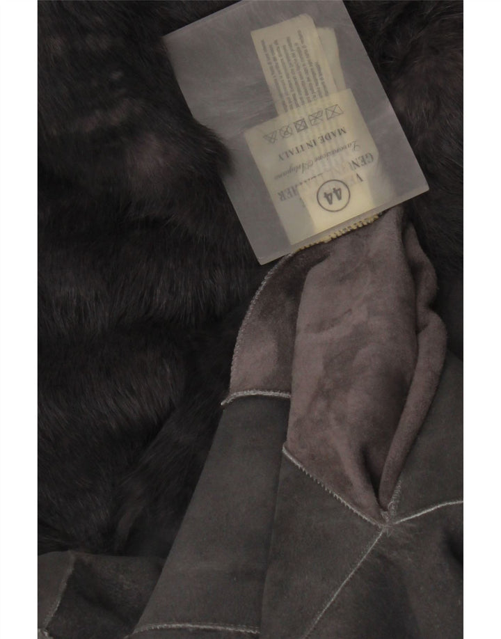 Vintage mujer de gran tamaño 3/4 manga con capucha abrigo de piel de oveja IT 44 Gris medio