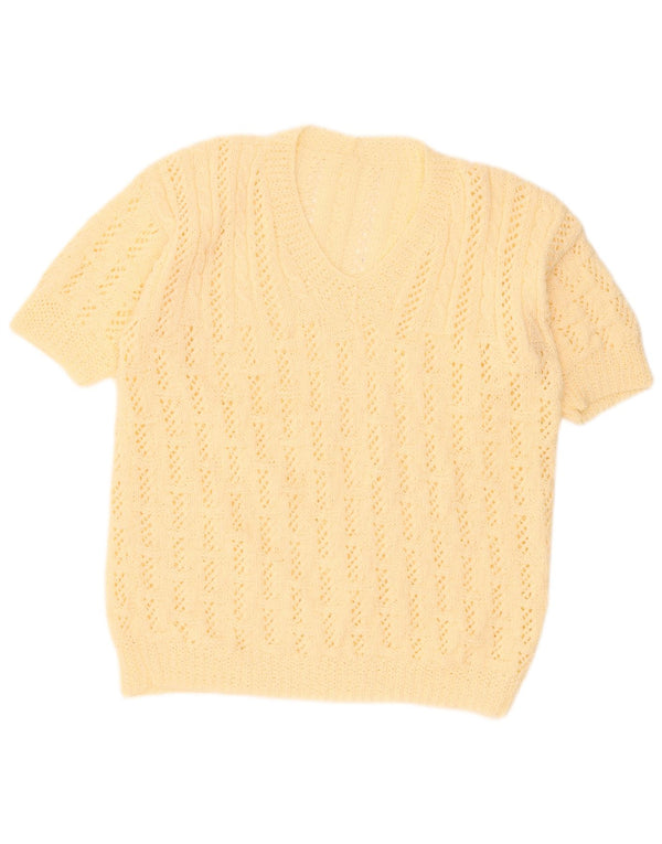 Vintage mujer manga corta V-cuello jersey suéter Reino Unido 18 XL Beige