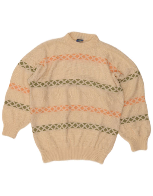 Vintage mujeres tortuga cuello jumper suéter Reino Unido 16 grande off blanco geométrico