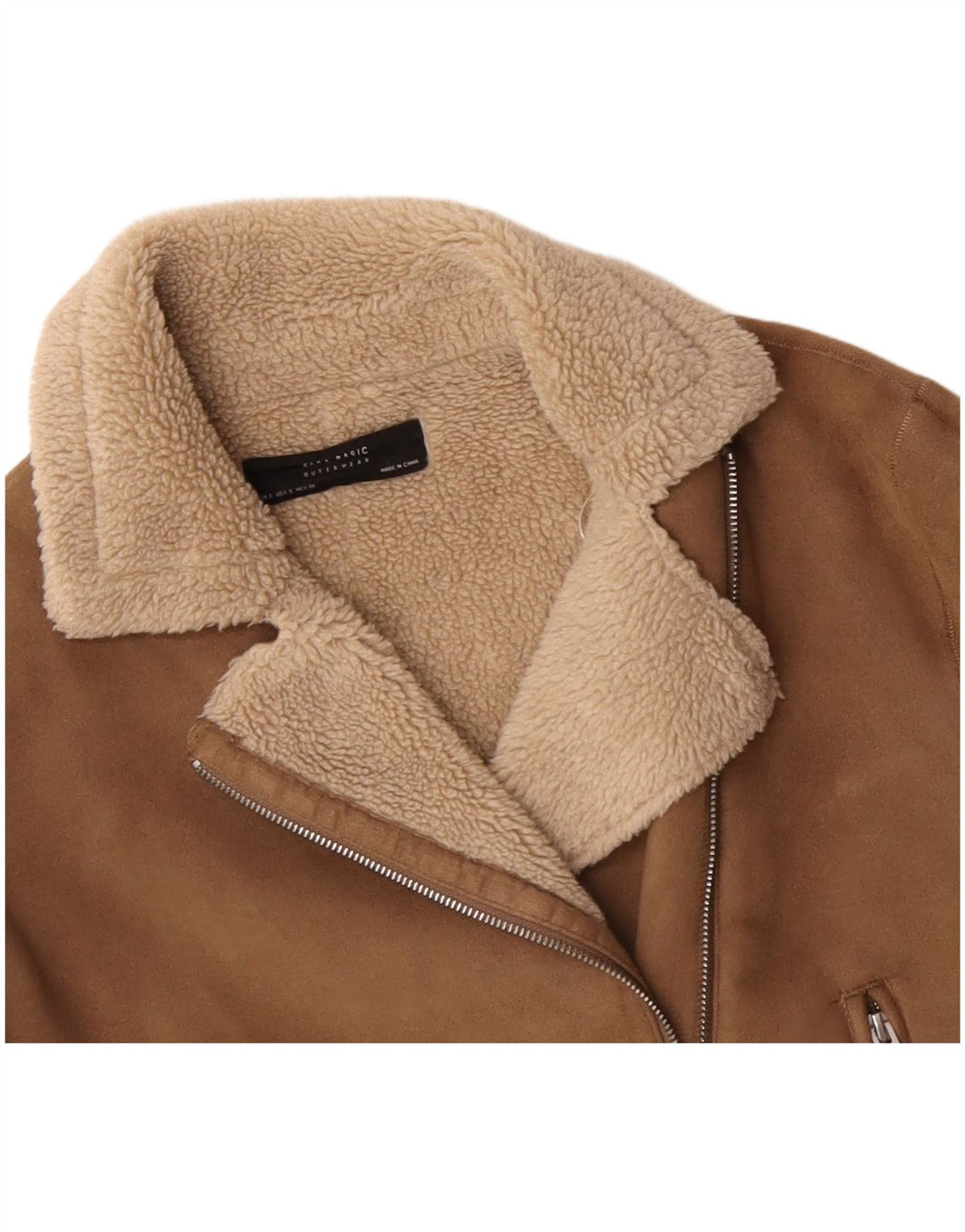 Zara Chaqueta Motera Sherpa de Ante Sintético para Mujer UK 10 Small Beige Poliéster