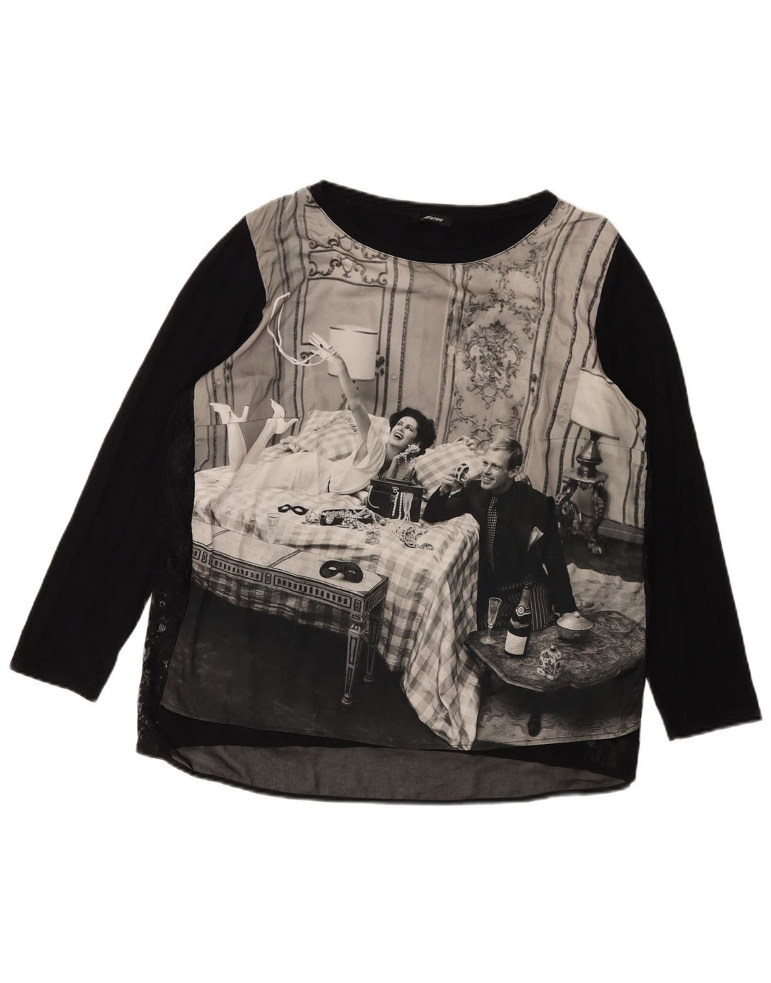 ELENA MIRO Top gráfico para mujer Manga larga UK 40 XL Negro