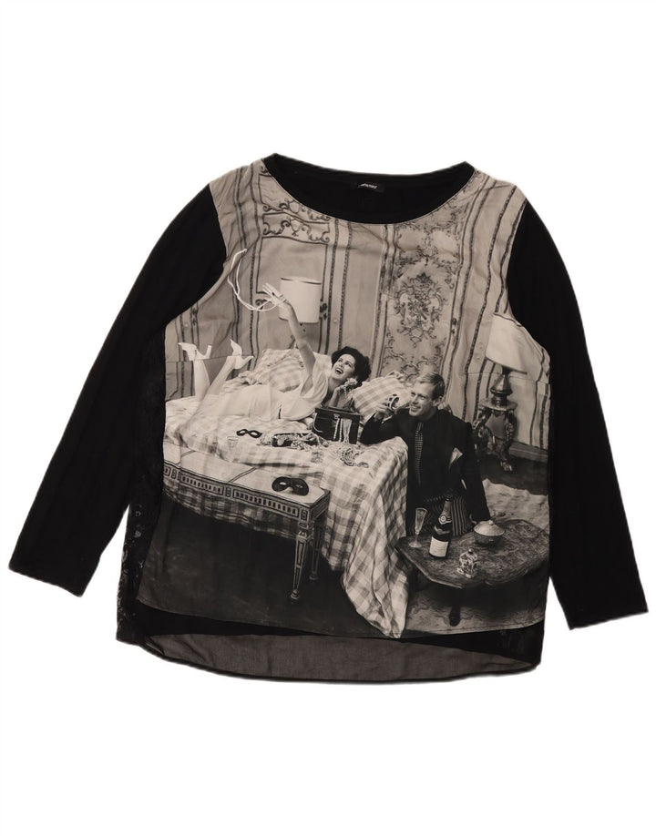 ELENA MIRO Top gráfico para mujer Manga larga UK 40 XL Negro
