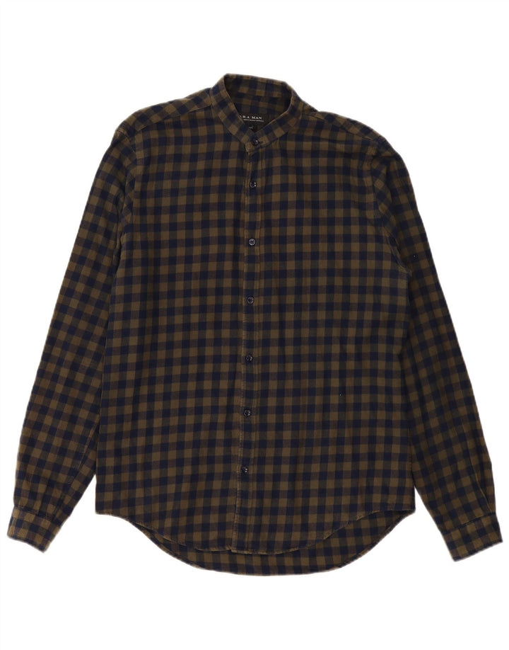 ZARA Hombre Camisa Slim Fit De Franela Cuadros Caqui Medio