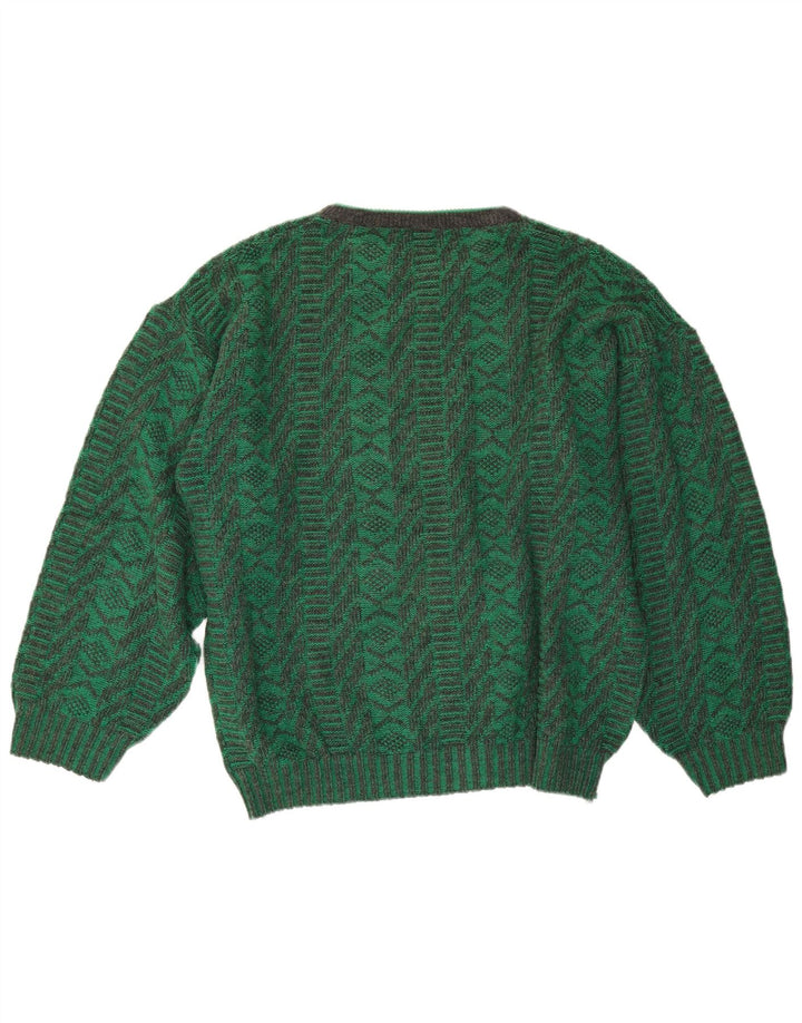 Vintage hombres cuello redondo jersey suéter medio verde geométrico