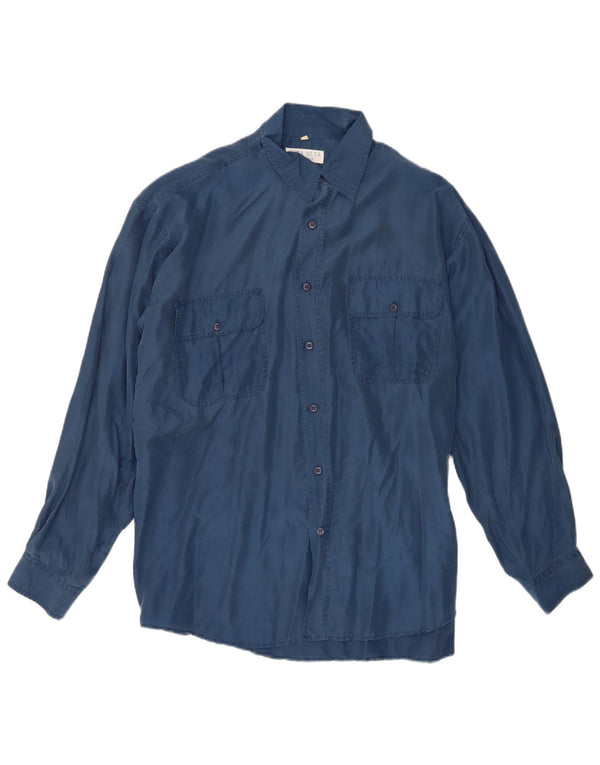 Camisa vintage para hombre de seda azul grande