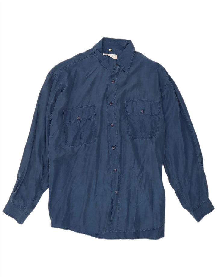 Camisa vintage para hombre de seda azul grande