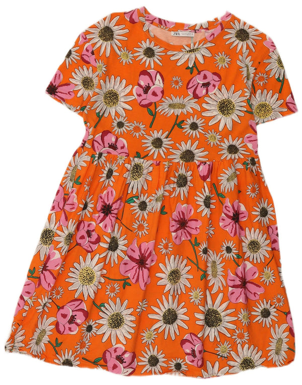 Zara Vestido Plisado Acampanado para Mujer UK 40 Pequeño Algodón Floral Naranja