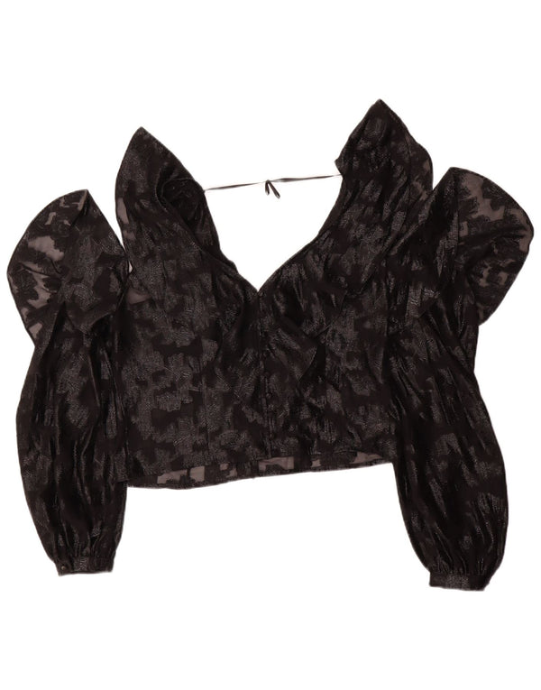 Vintage mujer crop manga larga blusa Top Reino Unido 14 medio negro floral