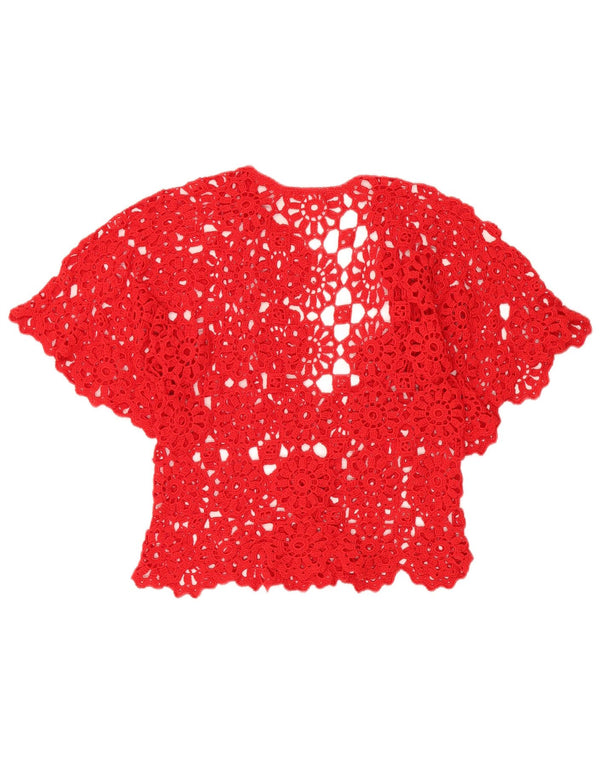 VINTAGE Mujer Manga Corta Crochet Cardigan Top Reino Unido 12 Medio Rojo Floral