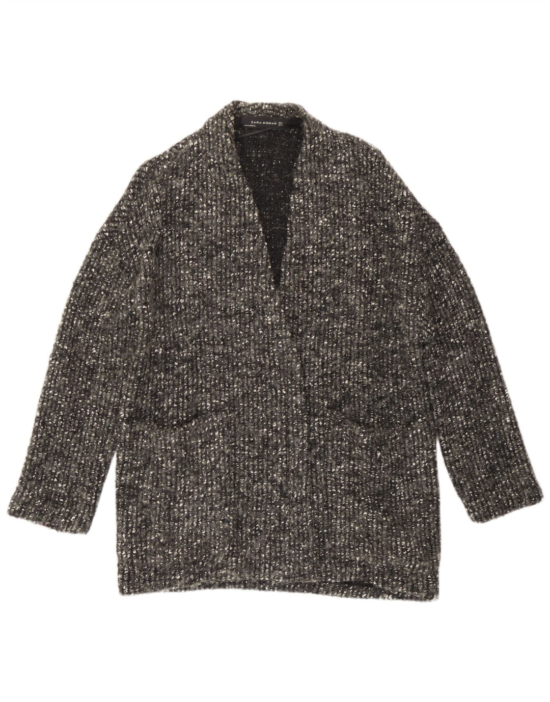 Zara Mujer Suéter Cárdigan Abierto Extragrande UK 10 Small Gris Lana Moteada