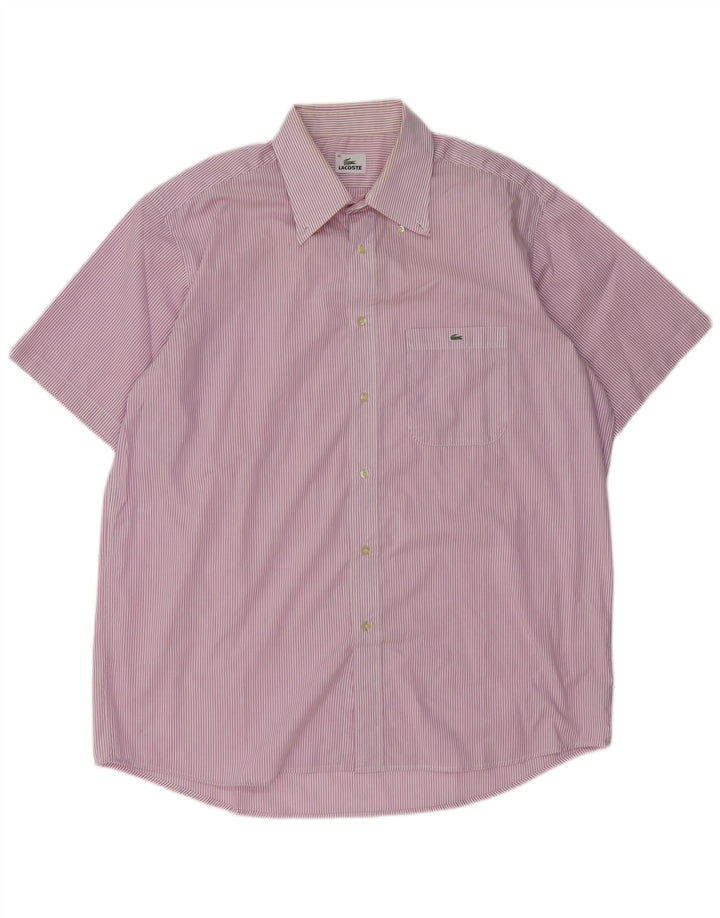 LACOSTE Camisa de manga corta para hombre Talla 45 XL Algodón a rayas violeta