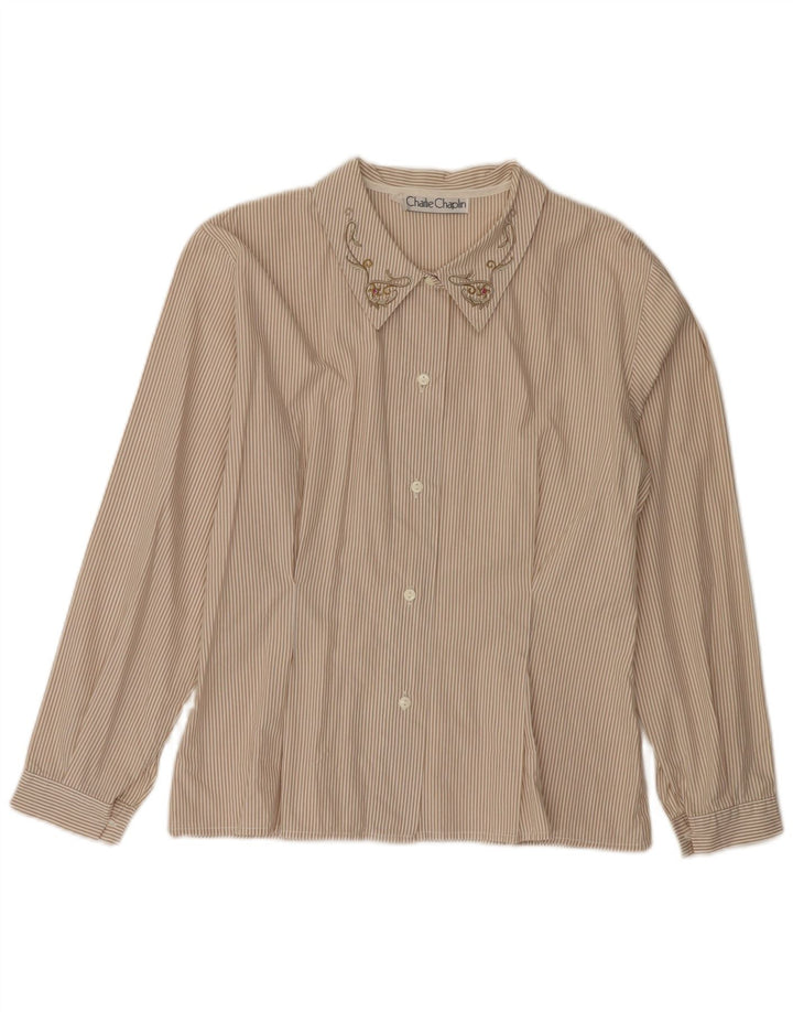 Camisa vintage para mujer Reino Unido 14 Algodón a rayas beige medio