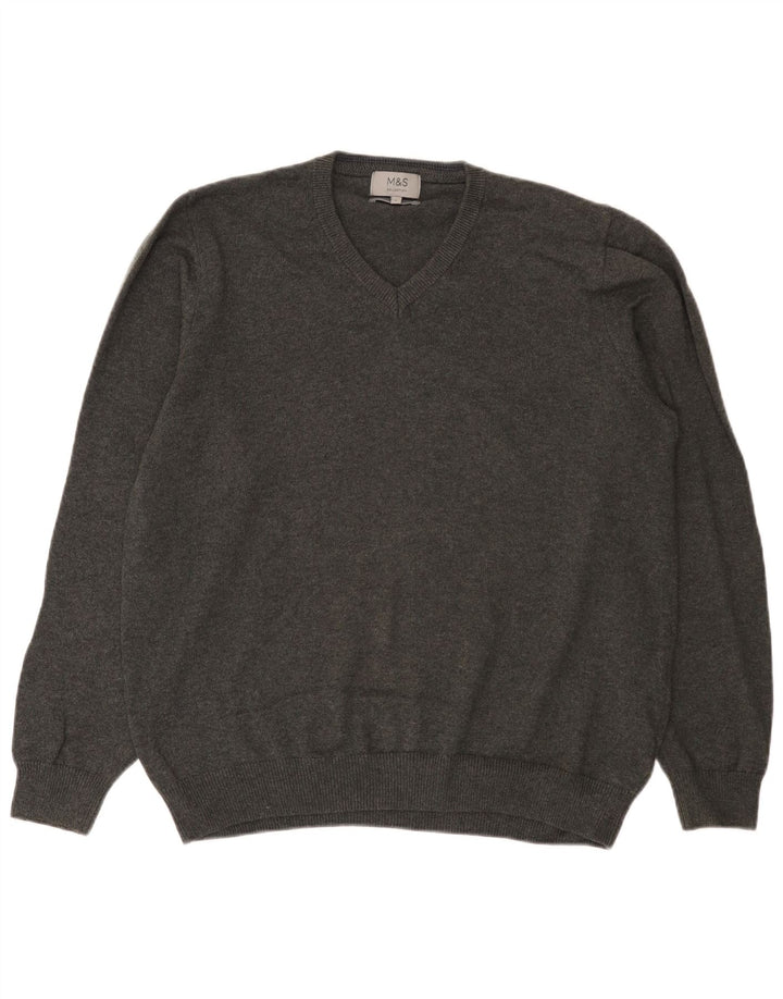 Marks & Spencer Jersey con cuello en V para hombre, talla grande, algodón gris