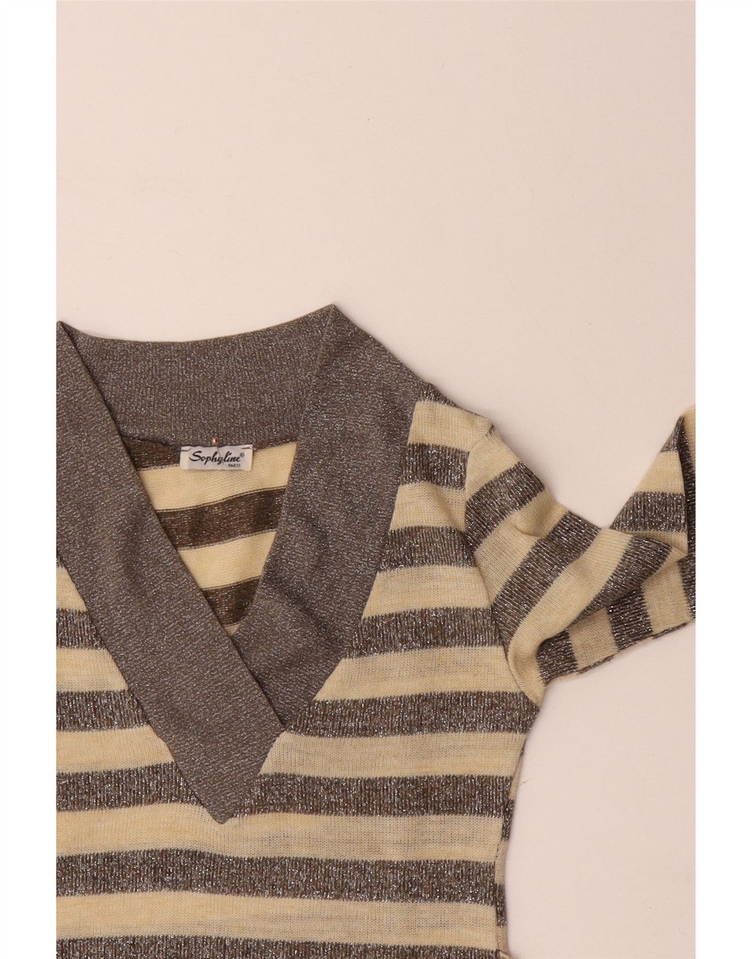 SOPHYLINE Jersey con cuello en V para mujer UK 8 Small Beige Poliéster a rayas