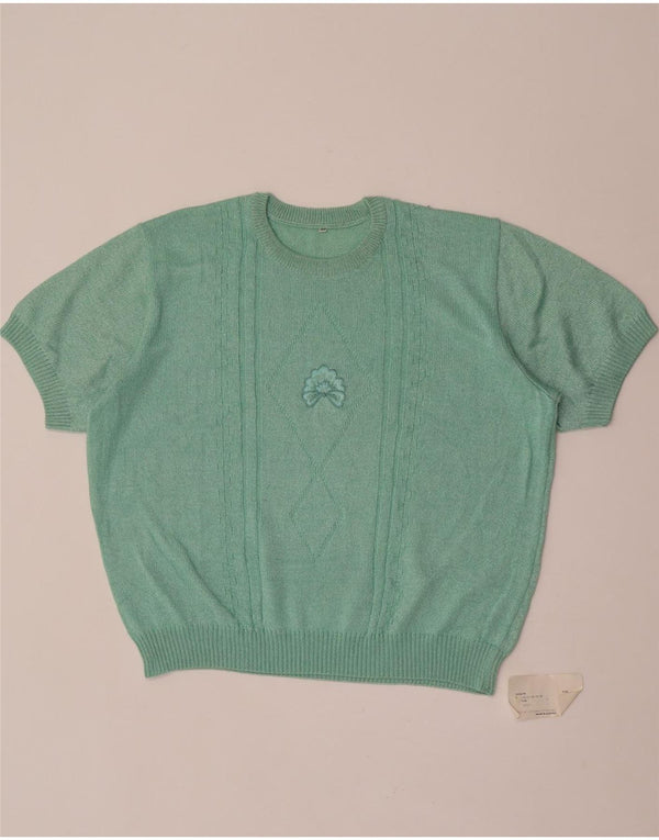 Vintage mujer manga corta cuello redondo jersey suéter EU 48 2XL verde