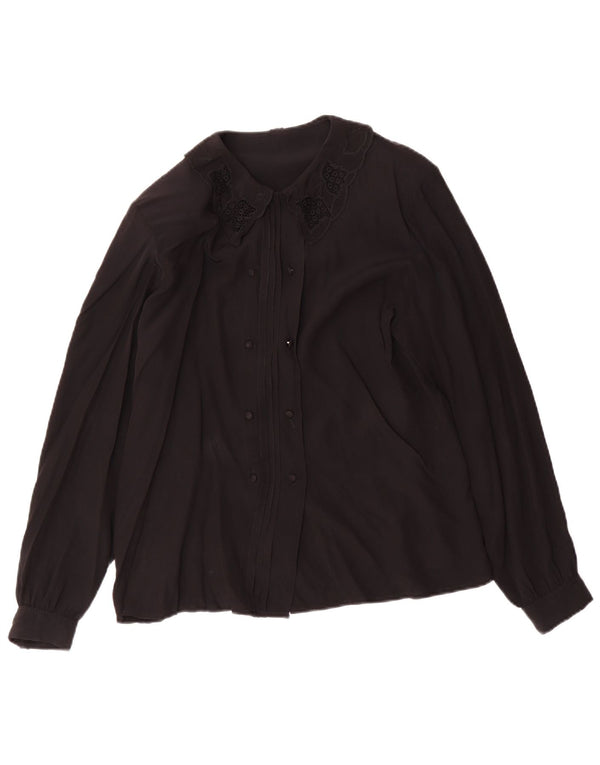 Vintage mujer camisa blusa Reino Unido 12 acetato negro medio