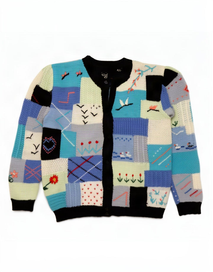 Vintage mujer Cardigan suéter Reino Unido 16 grande multicolor patchwork retro