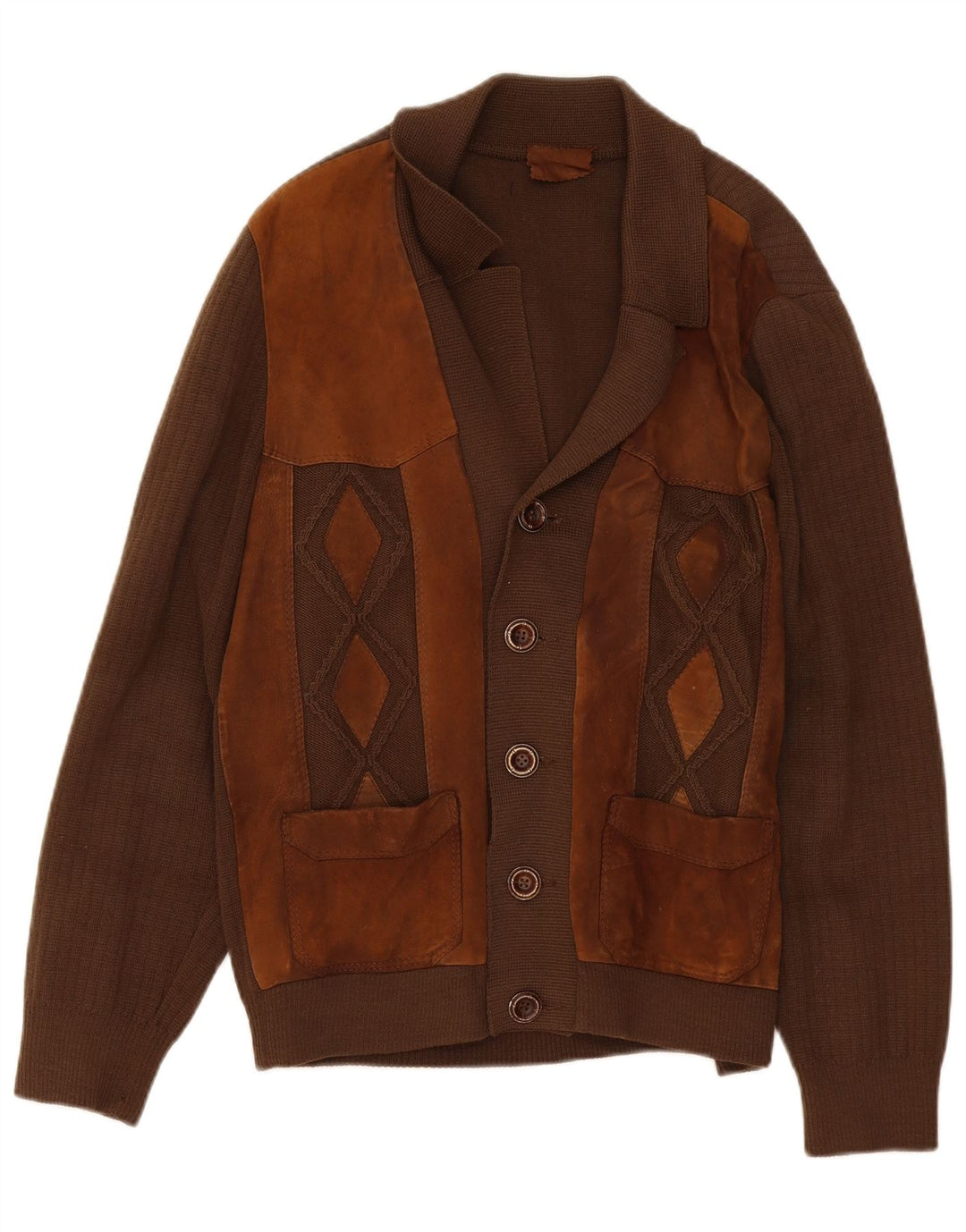 Vintage hombre cardigan suéter medio marrón colorblock
