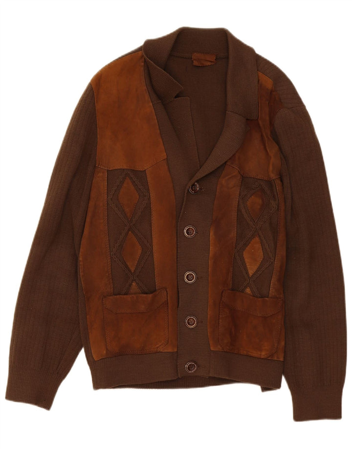 Vintage hombre cardigan suéter medio marrón colorblock