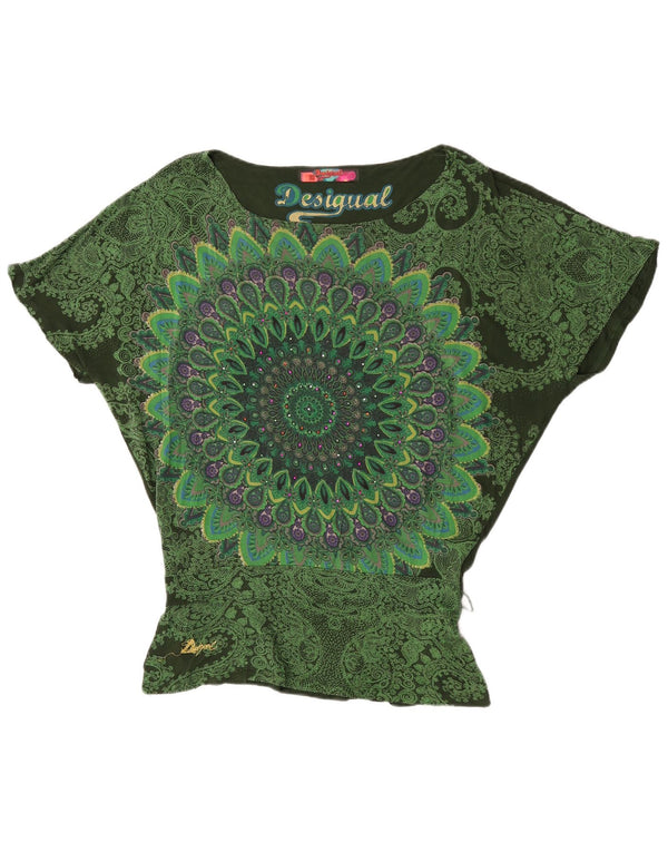 Desigual Mujer Batwing Blusa Top Reino Unido 10 Pequeño Verde Paisley Viscosa