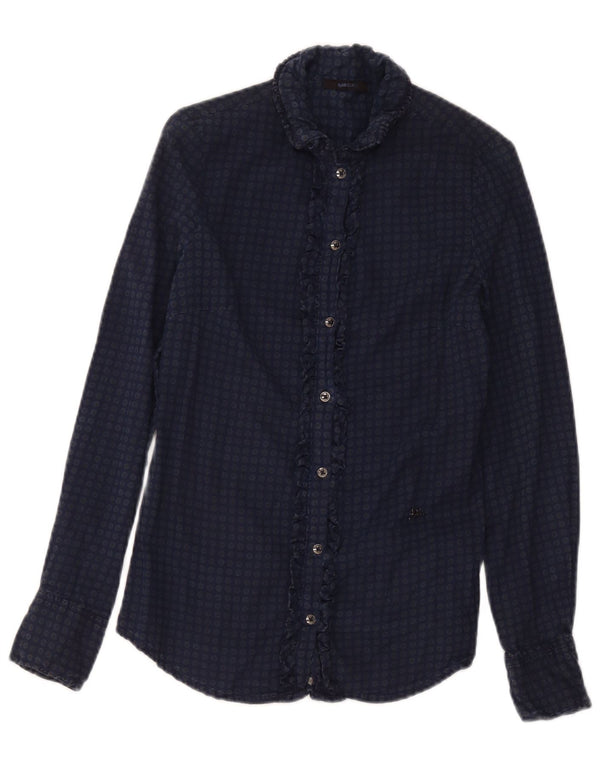 Camisa Gas Mujer con Volantes en la Parte Delantera UK 2 2XS Algodón con Manchas Azul Marino