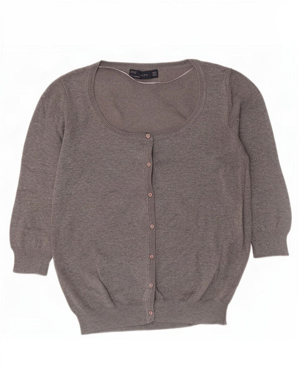 Zara Mujer Cárdigan De Manga 3/4 Suéter UK 42 Algodón Gris Medio