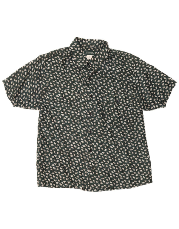 Vintage hombres camisa de manga corta gran seda floral verde