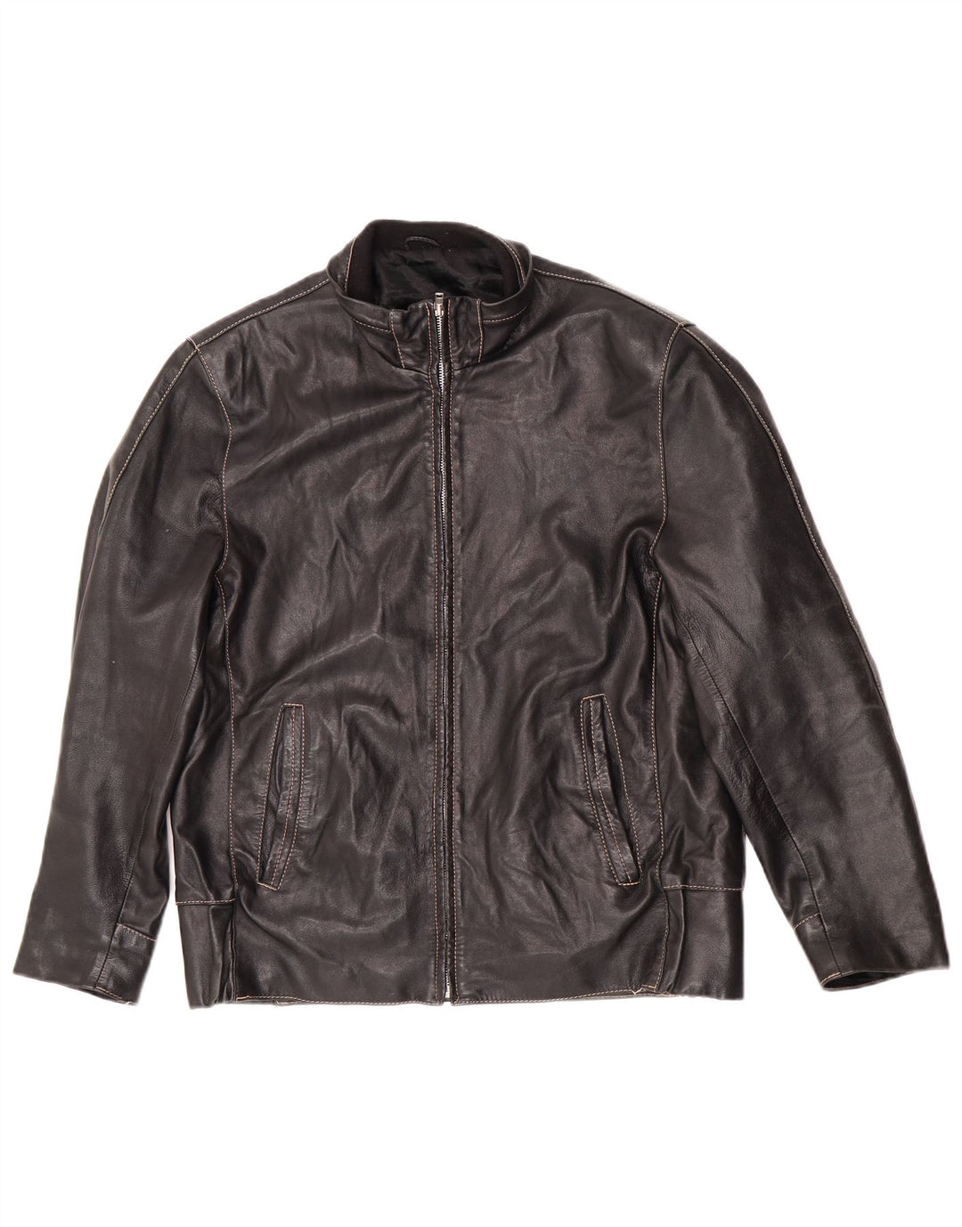 Chaqueta de cuero con cremallera vintage para hombre IT 50 motociclista negro grande