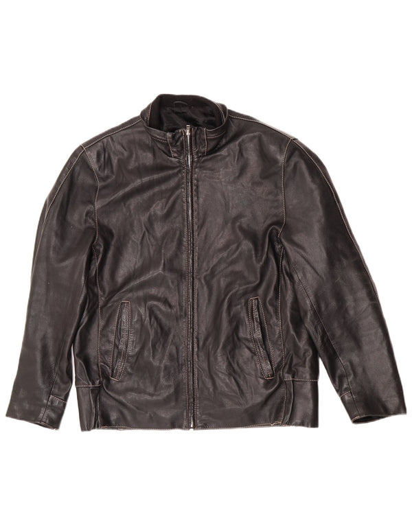 Chaqueta de cuero con cremallera vintage para hombre IT 50 motociclista negro grande