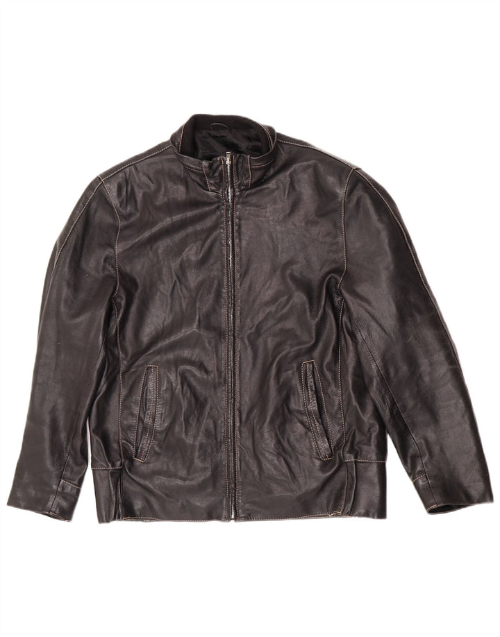 Chaqueta de cuero con cremallera vintage para hombre IT 50 motociclista negro grande