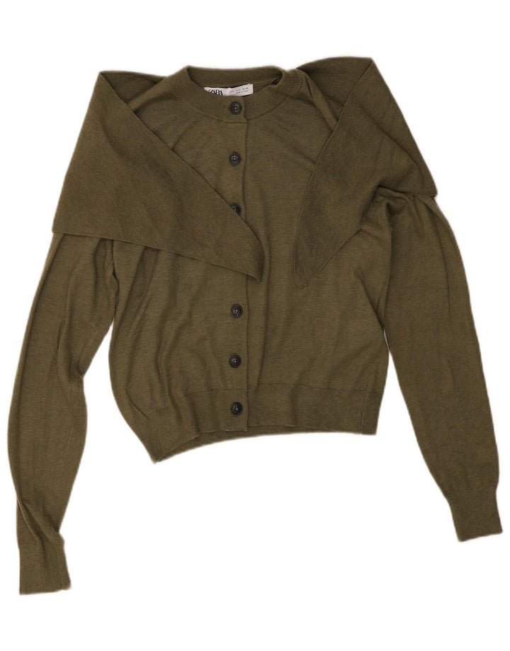 Zara Mujer Crop Cardigan Suéter UK 10 Small Caqui Poliamida