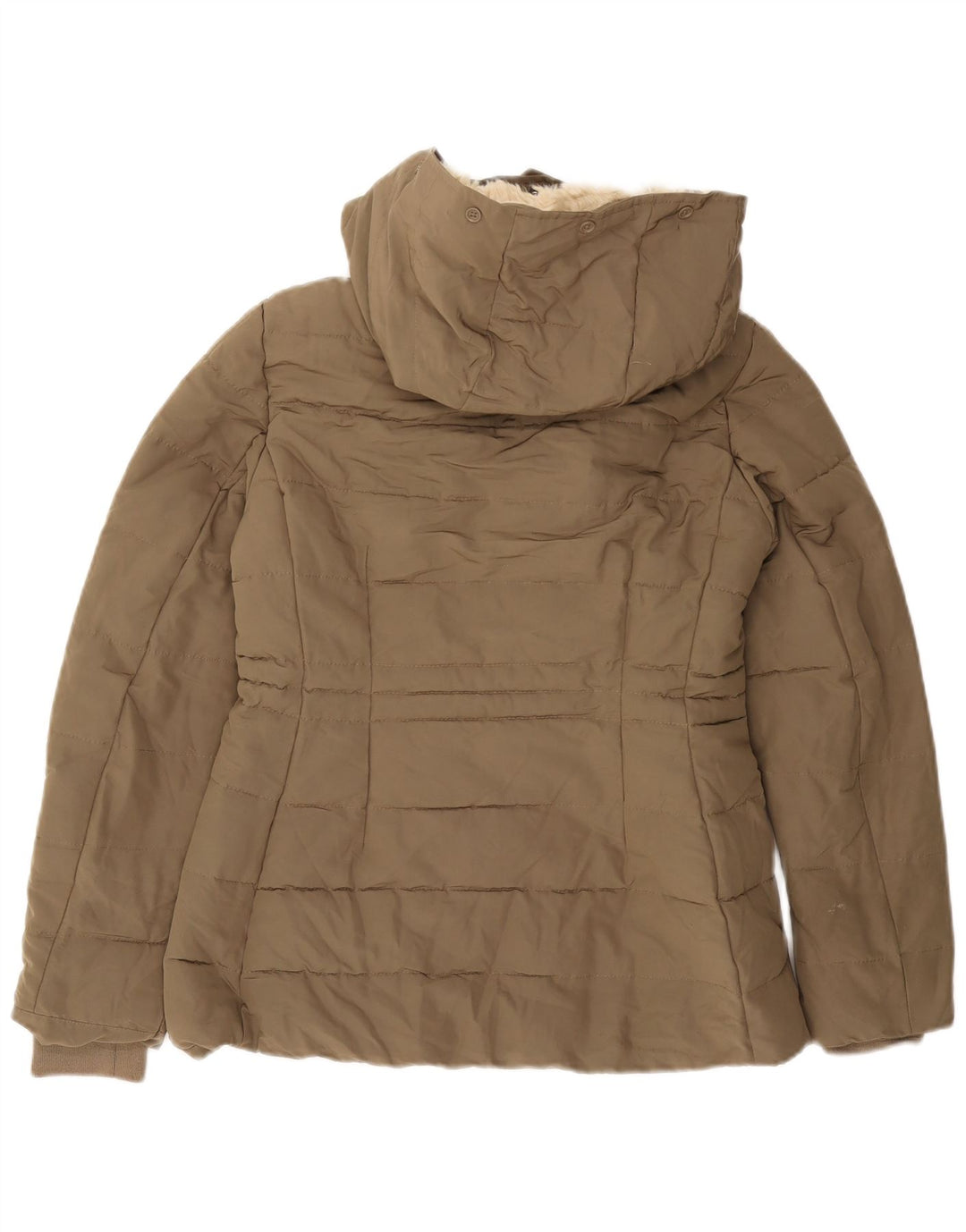 Zara Mujer Chaqueta Acolchada Sherpa Con Capucha UK 10 Small Caqui Poliéster