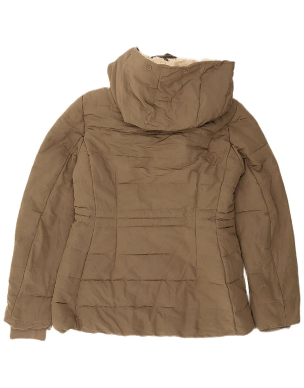 Zara Mujer Chaqueta Acolchada Sherpa Con Capucha UK 10 Small Caqui Poliéster