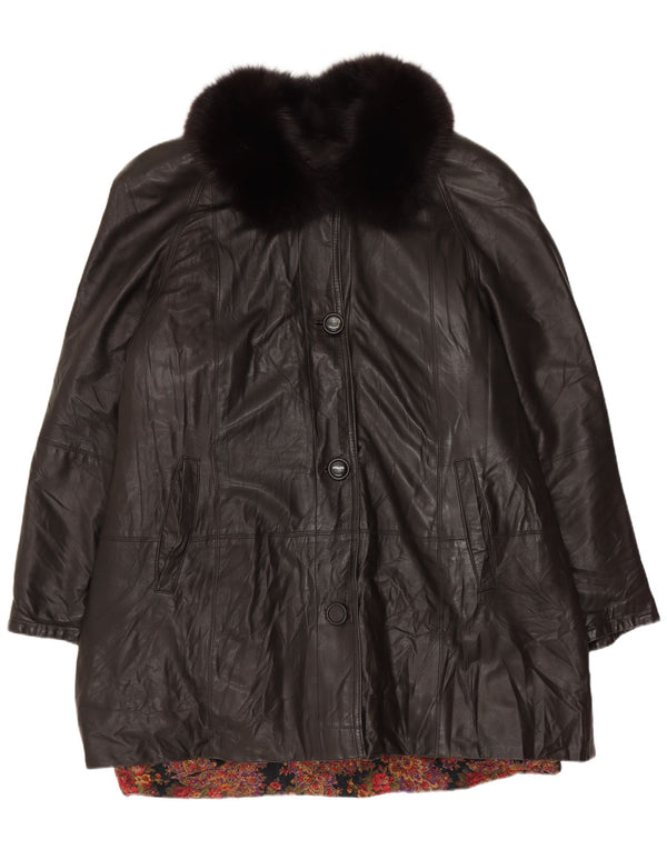 VINTAGE Abrigo de cuero para mujer Reino Unido 18 XL Cuero negro