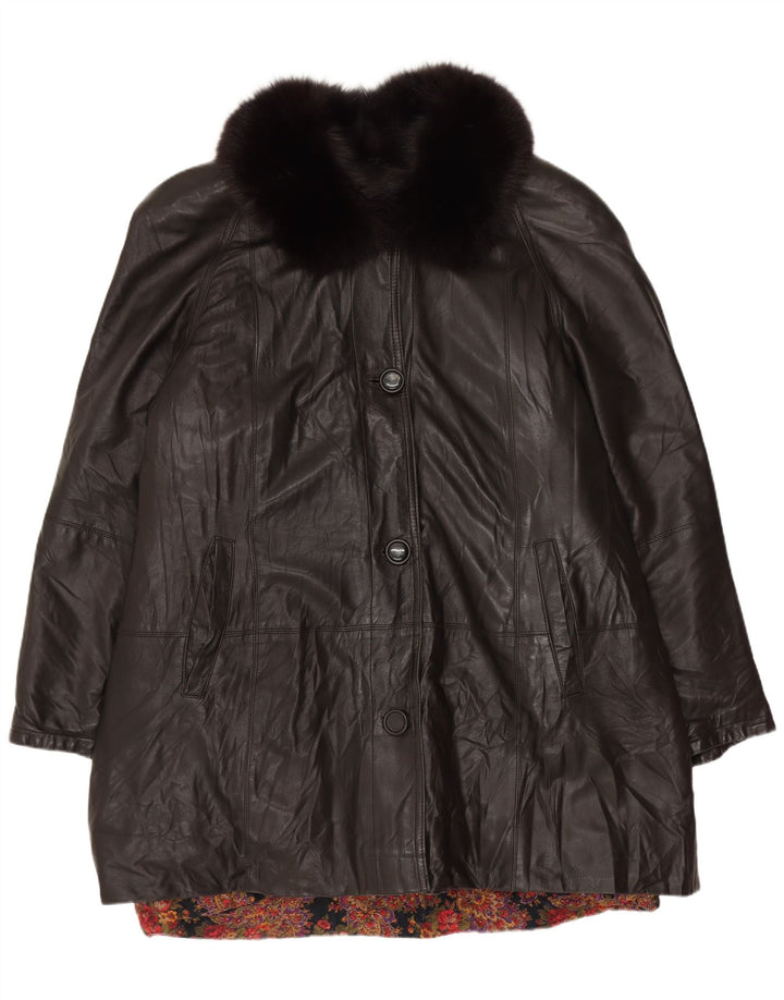 VINTAGE Abrigo de cuero para mujer Reino Unido 18 XL Cuero negro