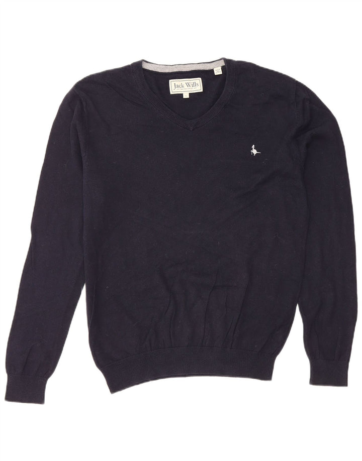 JACK WILLS Jersey con cuello en V para hombre pequeño de algodón azul marino
