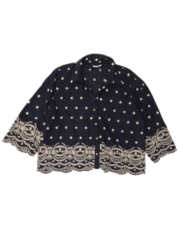 Zara Blusa Camisa Manga 3/4 Mujer UK 40 XL Algodón Floral Azul Marino