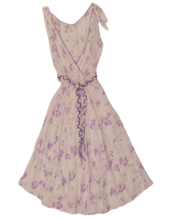 Vintage mujer sin mangas ver a través de maxi vestido Reino Unido 12 medio blanco floral