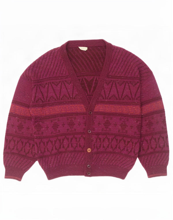 Vintage hombres Cardigan suéter Reino Unido 46 XL Borgoña lana geométrica