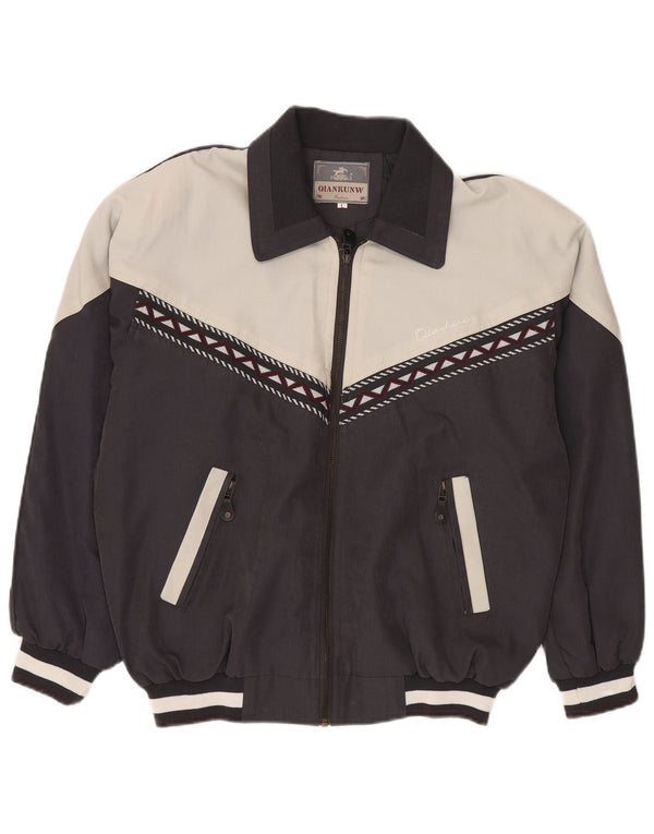 VINTAGE Chaqueta bomber para hombre Reino Unido 40 Poliéster en bloque de color negro grande