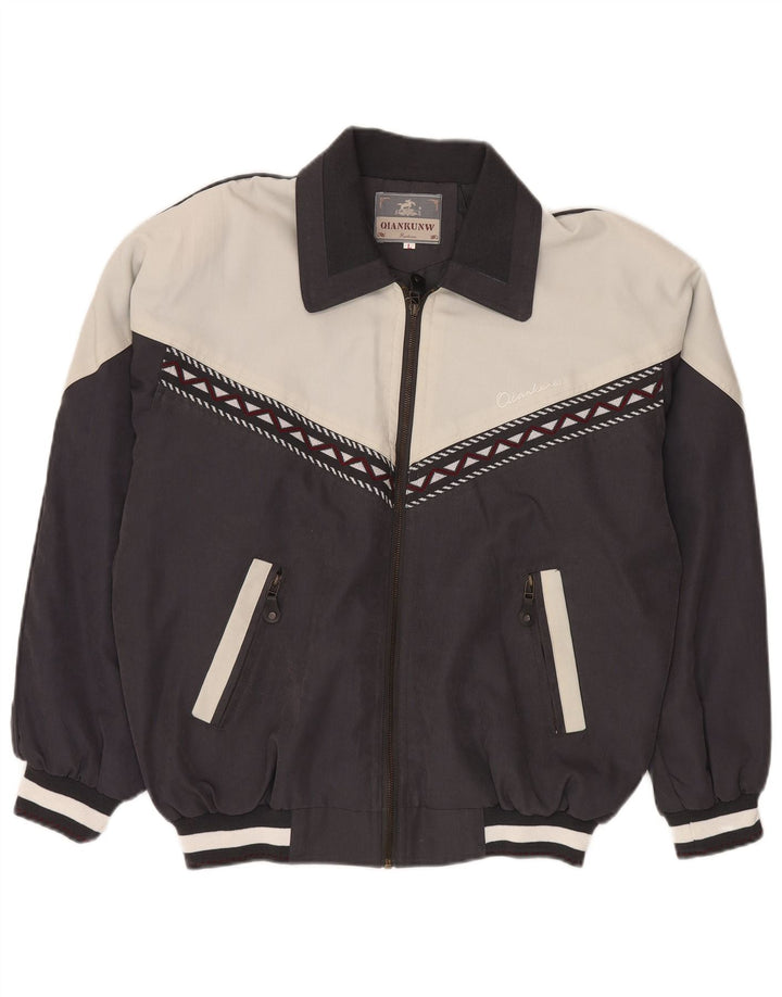 VINTAGE Chaqueta bomber para hombre Reino Unido 40 Poliéster en bloque de color negro grande