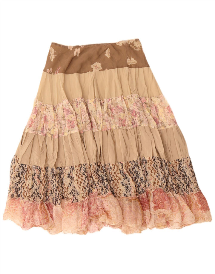 Vintage mujer cintura baja falda gitana Reino Unido 10 pequeño W30 poliéster beige